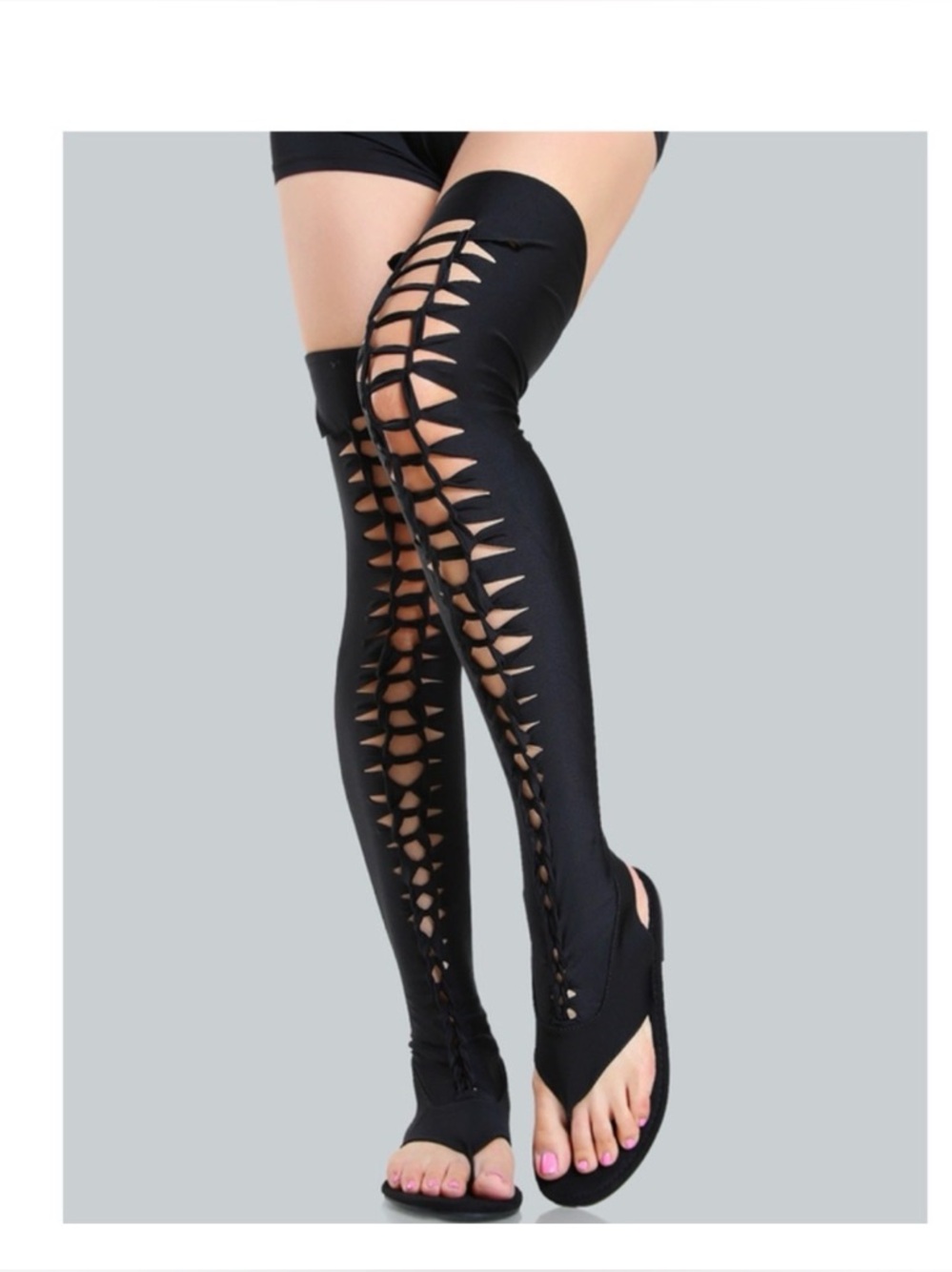 Unique Black Lace-Up Over-the-Knee Stirrup Leggings sandals